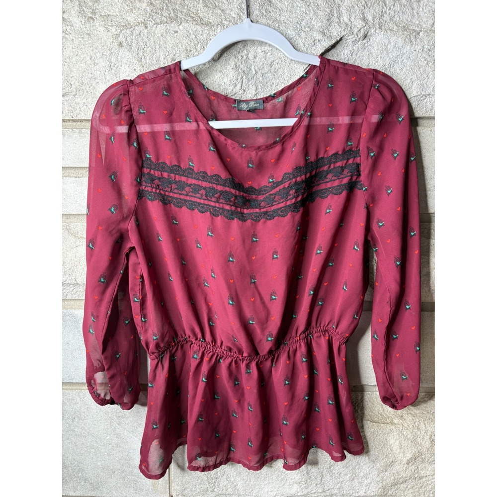 Lily Rose Burgundy Birdcage Heart Print Lace Trim Peplum Blouse Medium 167739623